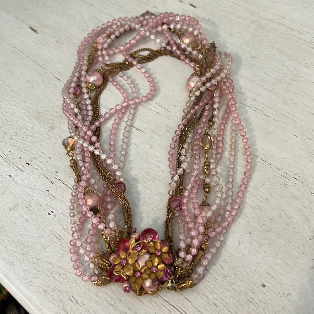 13 strand statement Vintage pink art glass AB crystal gold tone necklace
